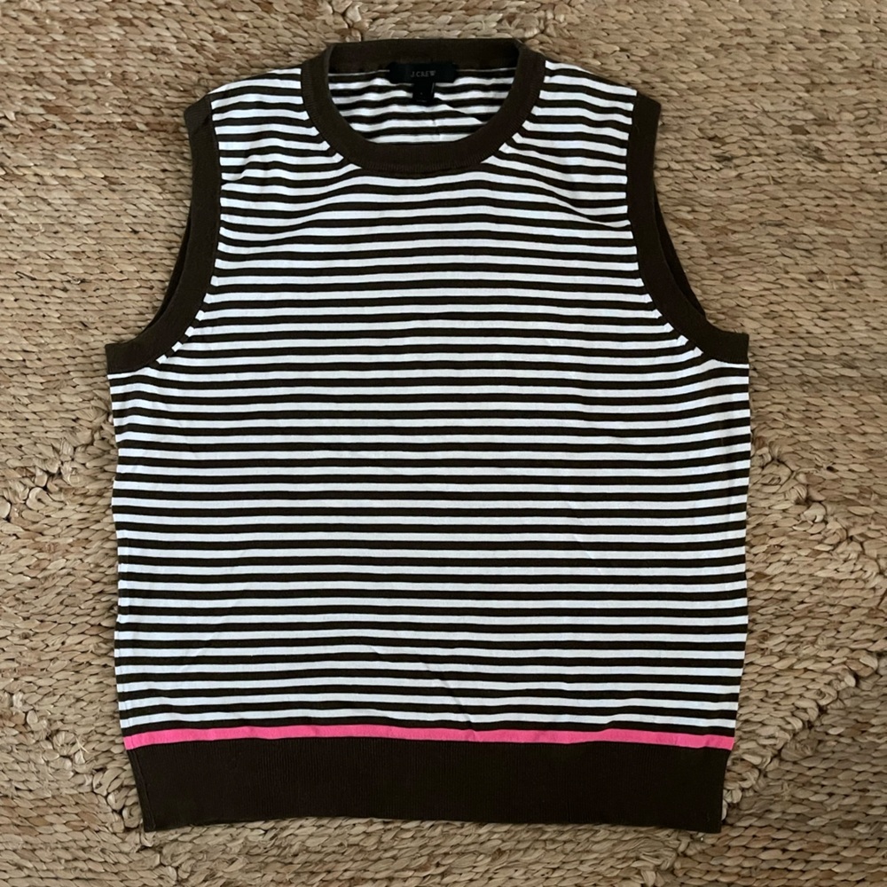 J. Crew Olive Green Stripe Tank Top w/ Neon Pink Tipping Size L